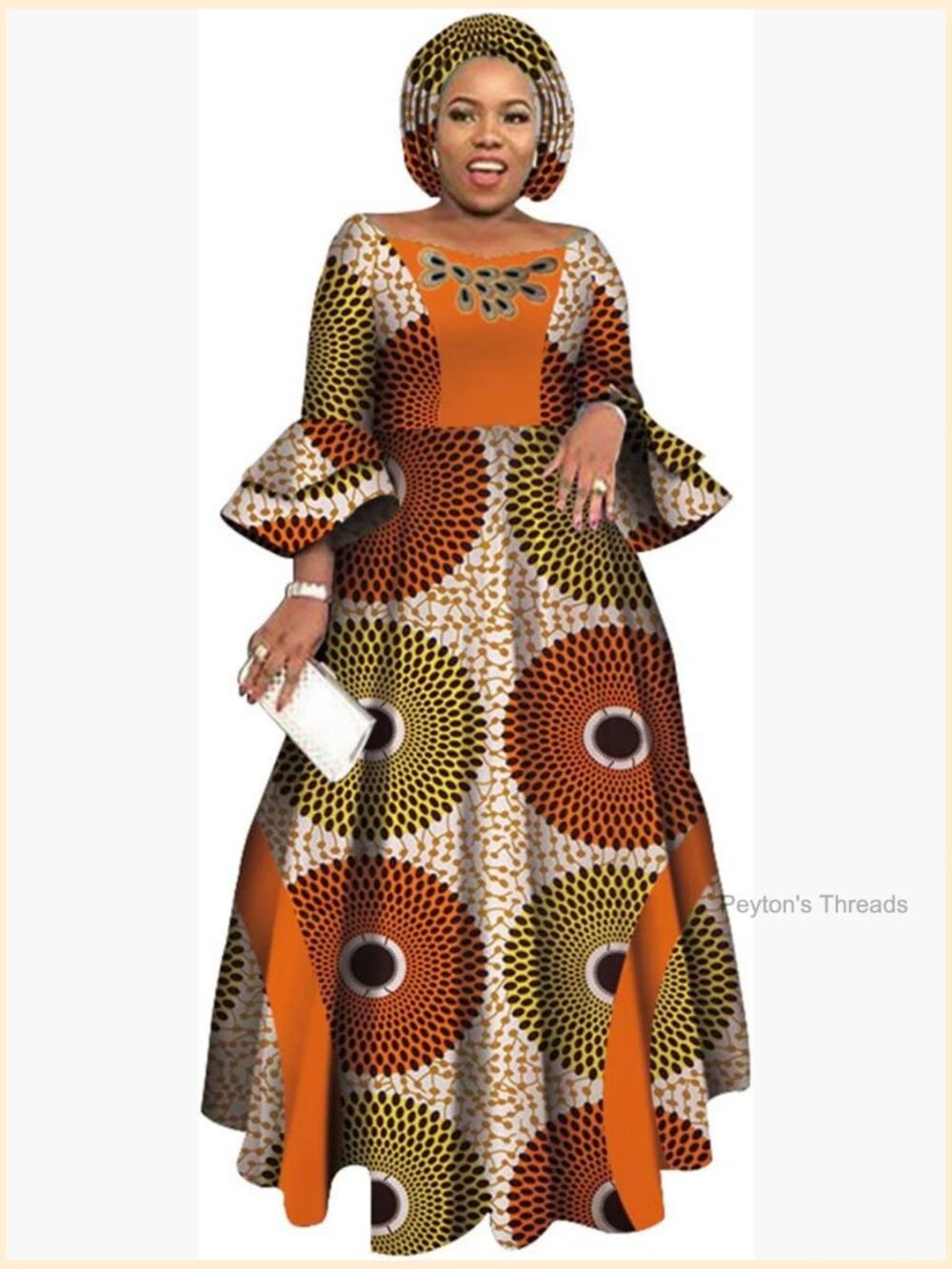 African Print Maxi Dress with Headwrap, 3/4 Sleeve, Boat Neck, A-Line, Floor